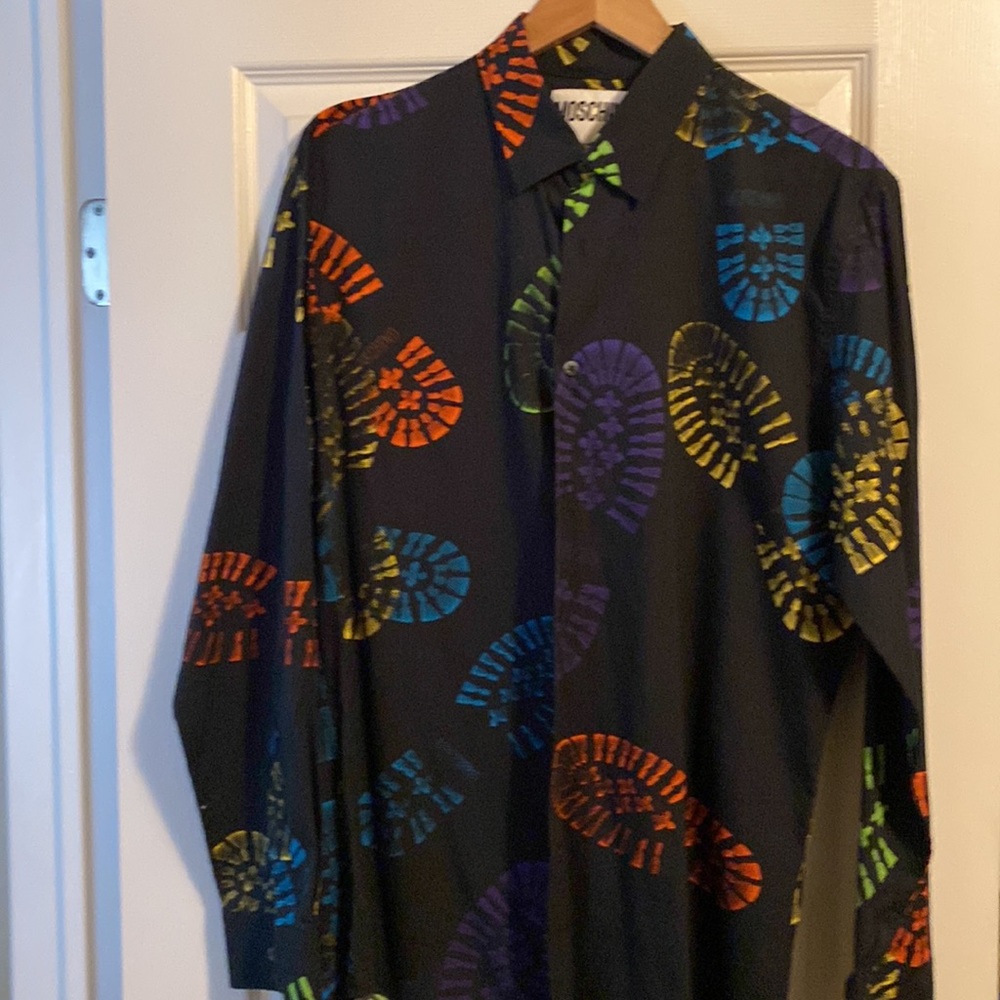 SuperCOOL Moschino long sleeve shirt. Black with multi color bootprint. 42-16.5